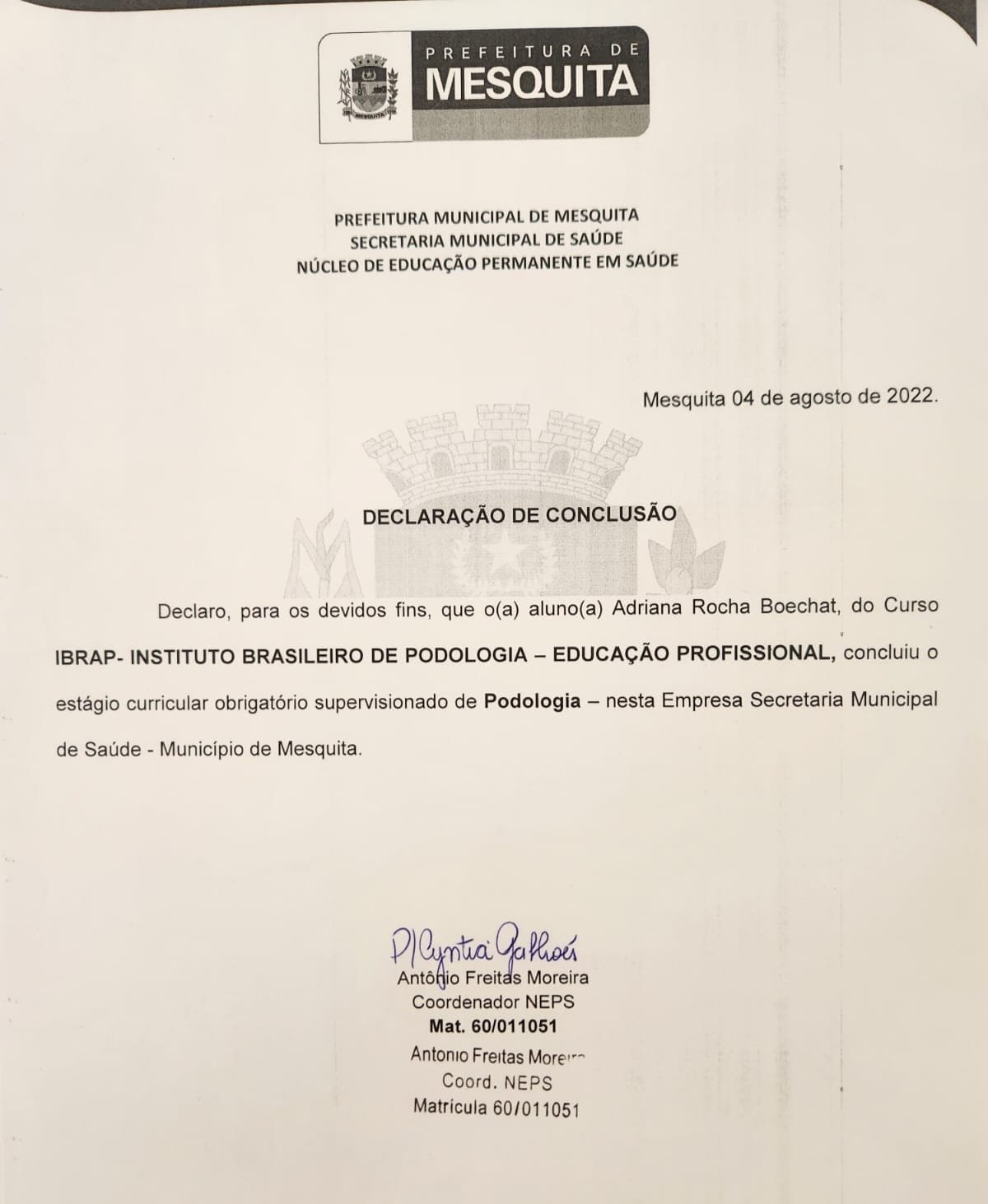 Declaração de Conclusão de Estágio — Prefeitura de Mesquita
