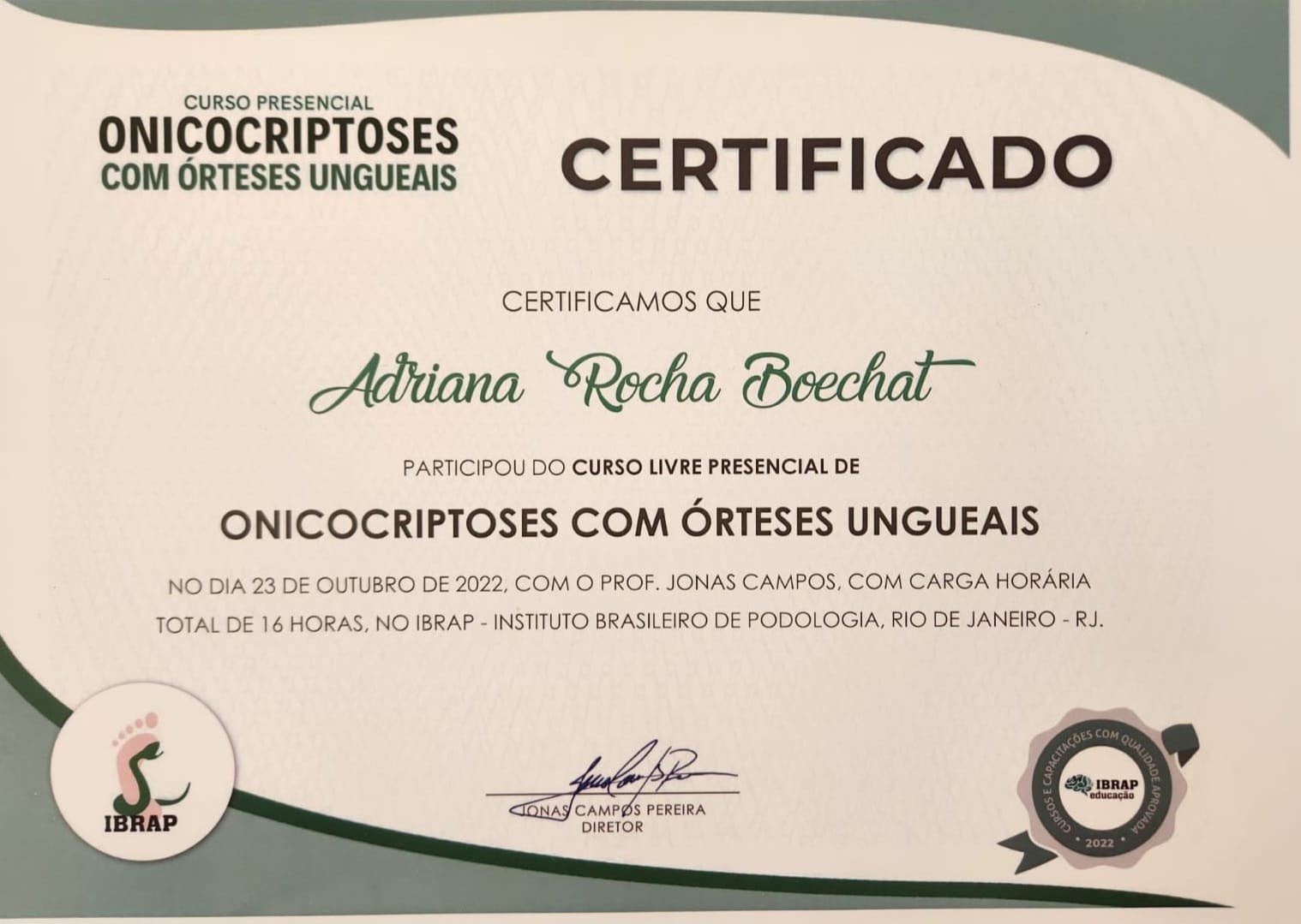 Certificado Onicocriptoses com Órteses Ungueais — IBRAP